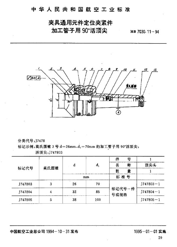 HB 7030.11-1994 夹具通用元件定位夹紧件 加工管子用90°活顶尖