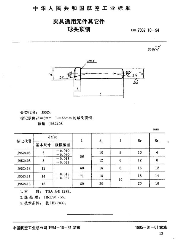 HB 7032.10-1994 夹具通用元件其它件 球头顶销