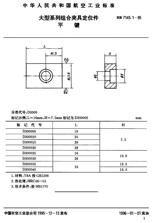 HB 7145.1-1995 大型系列组合夹具定位件 平键