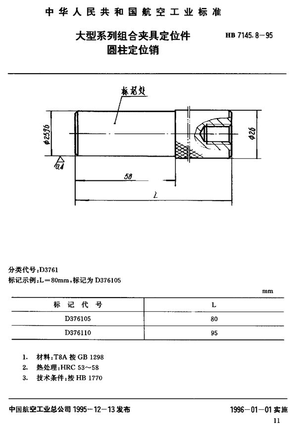 HB 7145.8-1995 大型系列组合夹具定位件 圆柱定位销