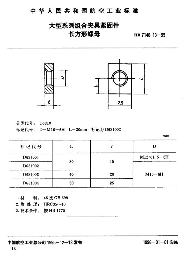 HB 7148.13-1995 大型系列组合夹具紧固件 长方形螺母