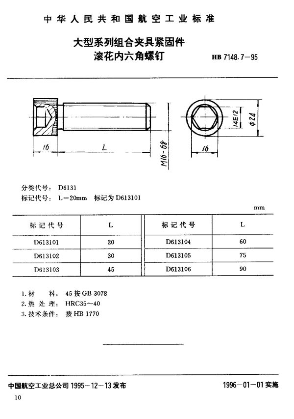 HB 7148.7-1995 大型系列组合夹具紧固件 滚花内六角螺钉