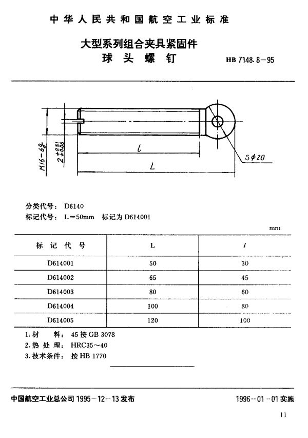 HB 7148.8-1995 大型系列组合夹具紧固件 球头螺钉