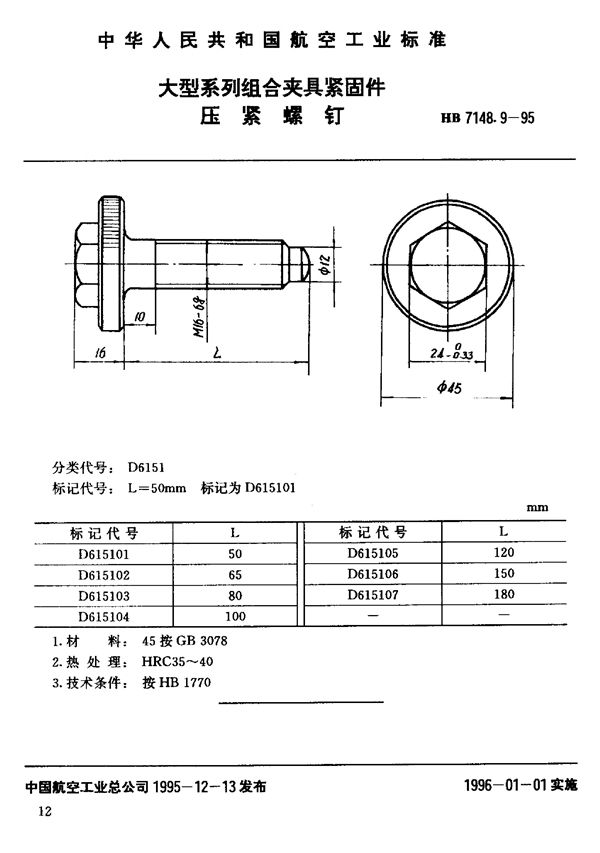 HB 7148.9-1995 大型系列组合夹具紧固件 压紧螺钉