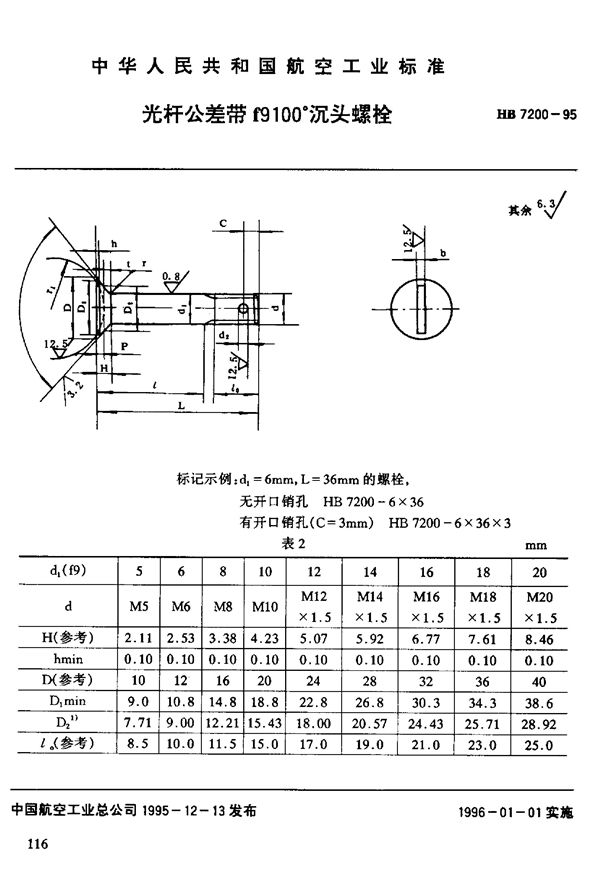 HB 7200-1995 光杆公差带f9100°沉头螺栓