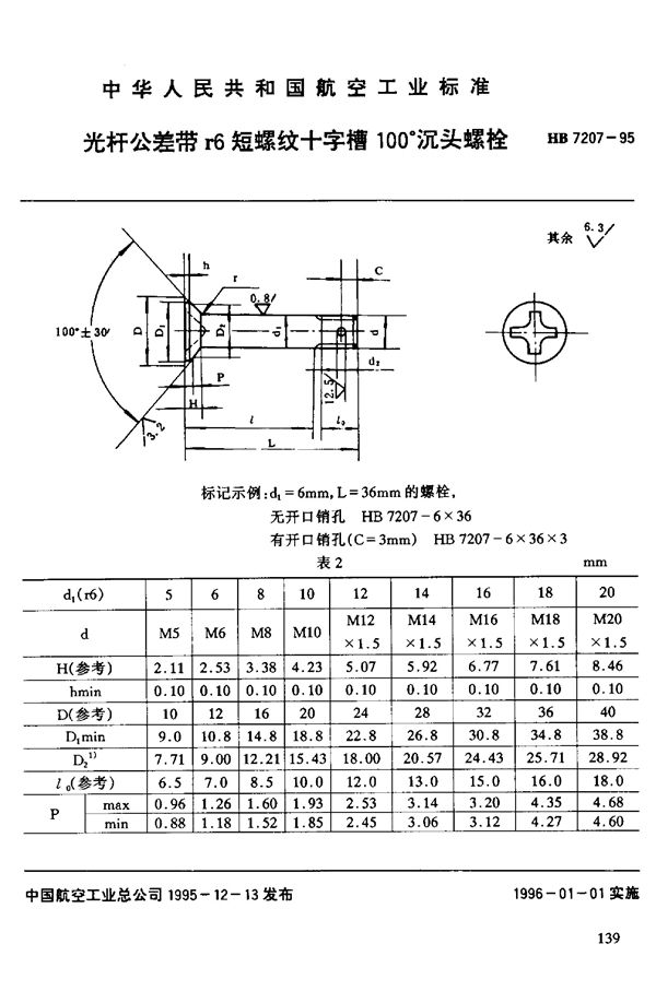 HB 7207-1995 光杆公差带r6短螺纹十字槽100°沉头螺栓