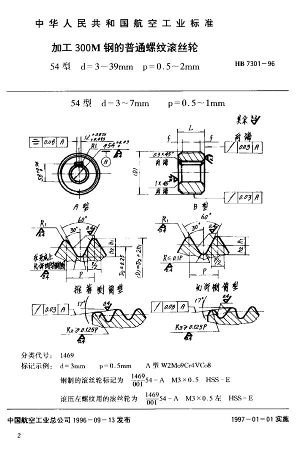 HB 7301-1996 加工300M钢的普通螺纹滚丝轮54型d=3~39mm