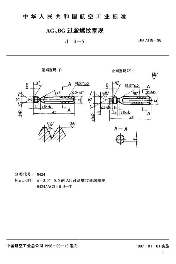 HB 7318-1996 AG、BG过盈螺纹塞规d=3~5