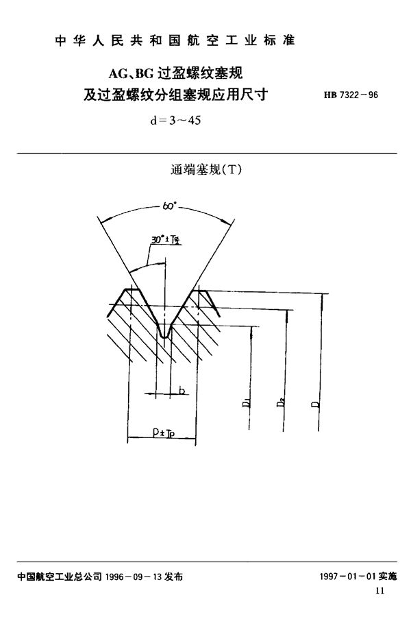 HB 7322-1996 AG、BG过盈螺纹塞规及过盈螺纹分组塞规应用尺寸