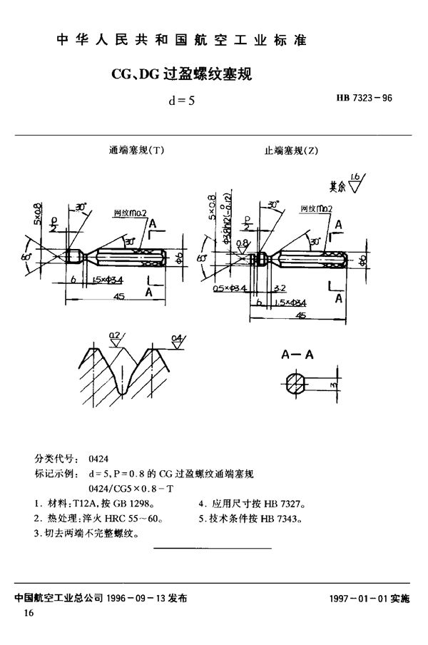 HB 7323-1996 CG、DG过盈螺纹塞规d=5