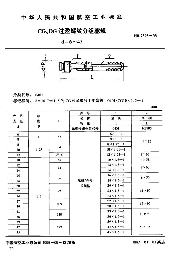 HB 7326-1996 CG、DG过盈螺纹分组塞规d=6~45