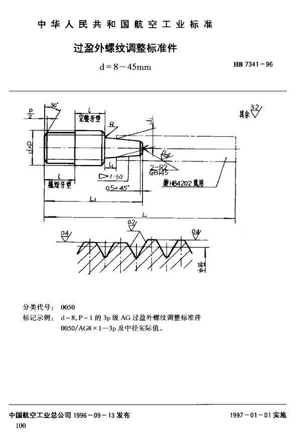 HB 7341-1996 过盈外螺纹调整标准件 d＝8～45