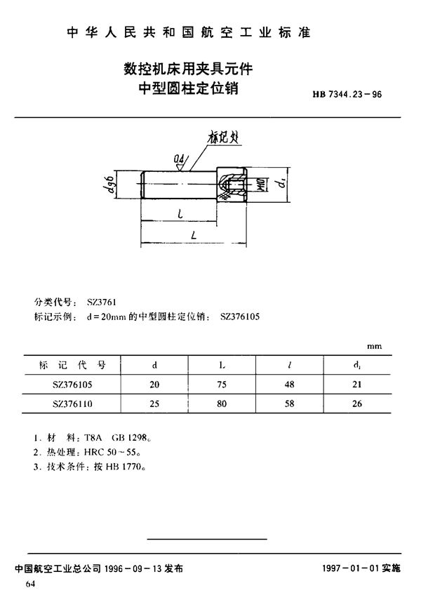 HB 7344.23-1996 数控机床用夹具元件 中型圆柱定位销