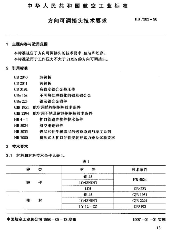 HB 7383-1996 方向可调接头技术要求