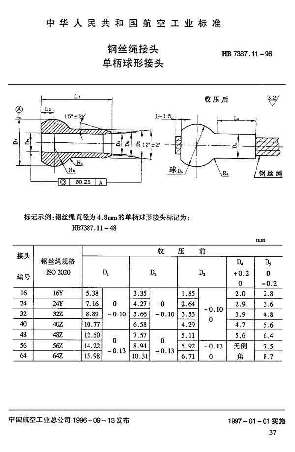 HB 7387.11-1996 钢丝绳接头 单柄球形接头