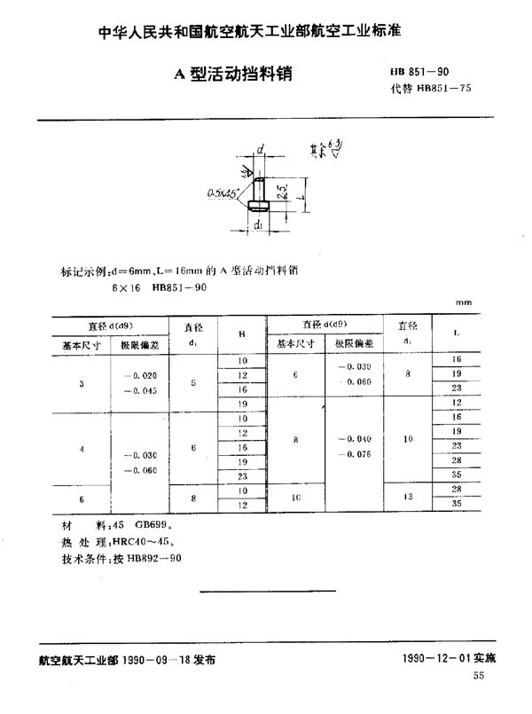 HB 851-1990 A型活动挡料销