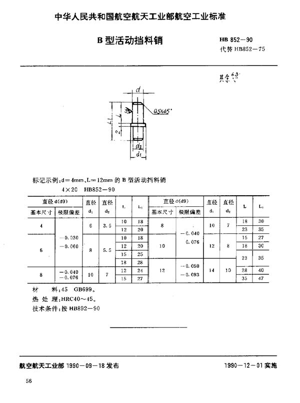 HB 852-1990 B型活动挡料销