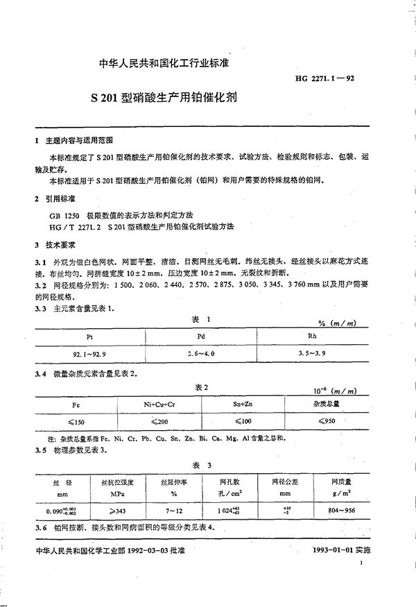 HG 2271.1-1992 S201型硝酸生产用铂催化剂