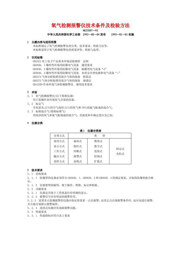 HG 23007-1992 氧气检测报警仪技术条件及检验方法