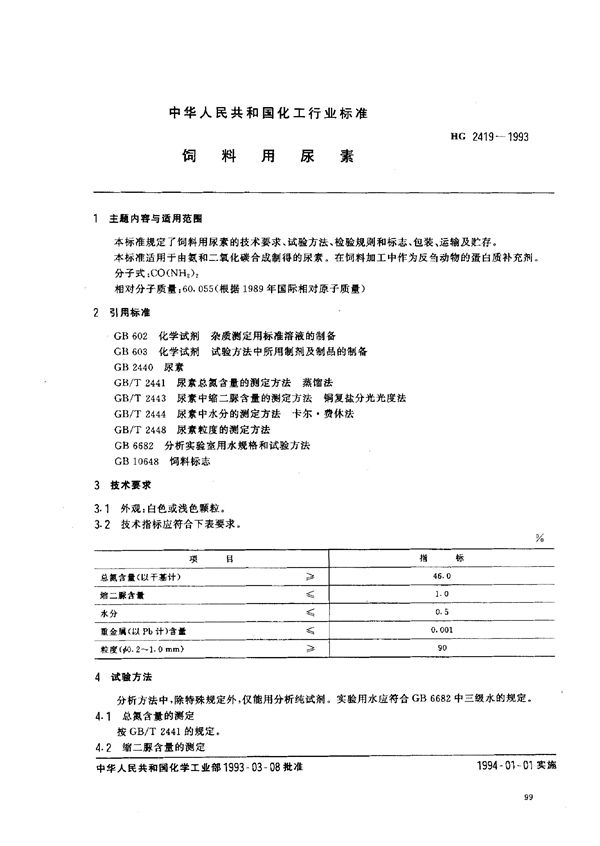 HG 2419-1993 饲料用尿素