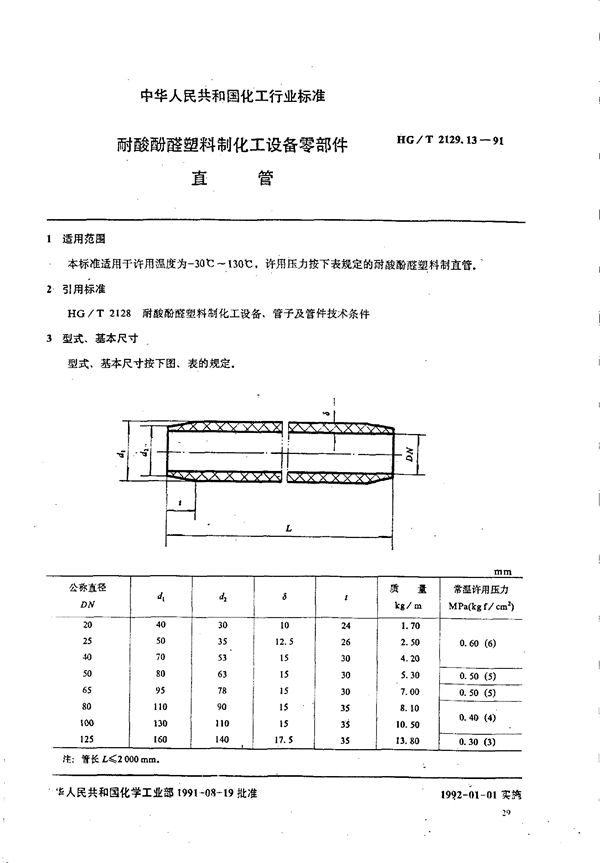 HG/T 2129.13-1991 耐酸酚醛塑料制化工设备零部件 直管