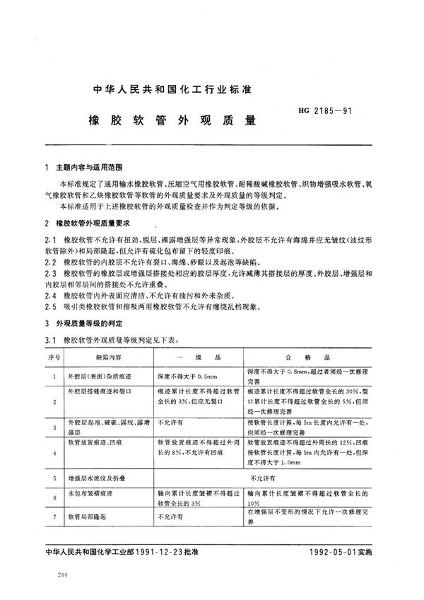 HG/T 2185-1991 橡胶软管外观质量