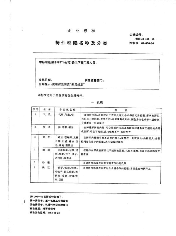 JB 302-1962 铸件缺陷名称及分类