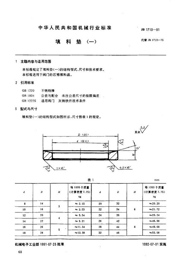 JB/T 1713-1991 填填料垫(一)