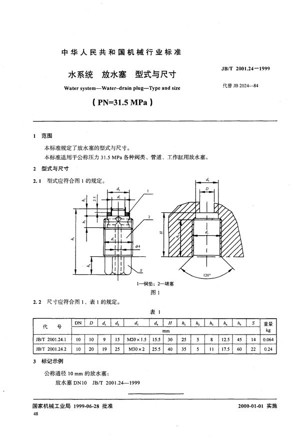 JB/T 2001.24-1999 水系统 放水塞 型式与尺寸(PN=31.5MPa)