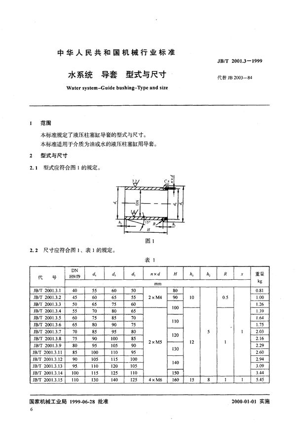 JB/T 2001.3-1999 水系统 导套 型式与尺寸