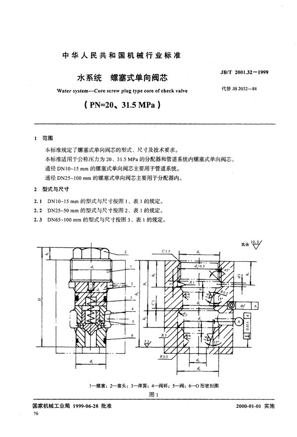 JB/T 2001.32-1999 水系统 螺塞式单向阀芯(PN=20～31.5MPa)