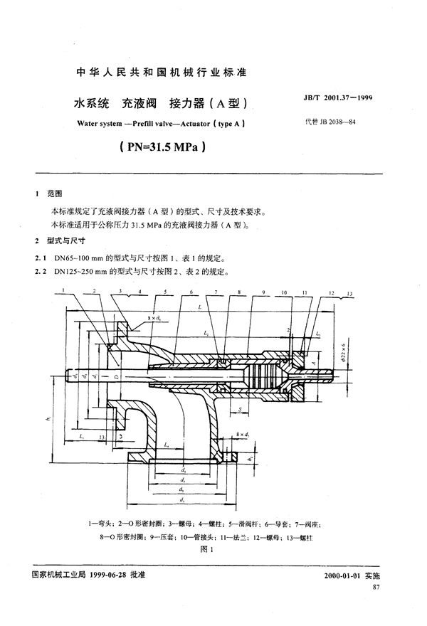 JB/T 2001.37-1999 水系统 充液阀 接力器(A型)(PN=31.5MPa)