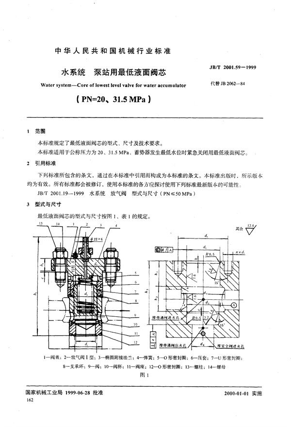 JB/T 2001.59-1999 水系统 泵站用最低液面阀芯(PN=20～31.5MPa)