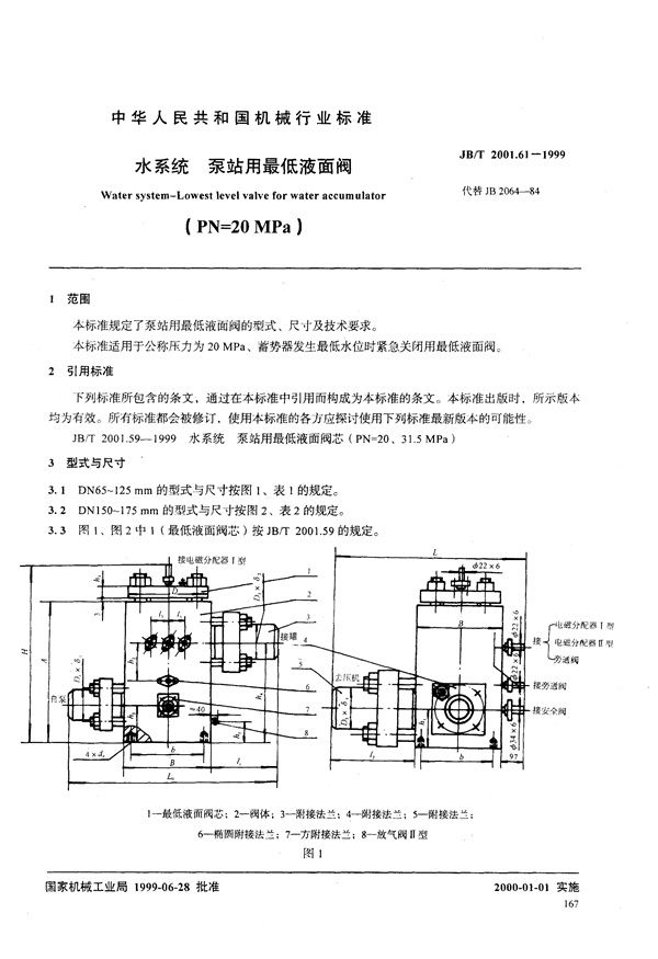 JB/T 2001.61-1999 水系统 泵站用最低液面阀(PN=20MPa)