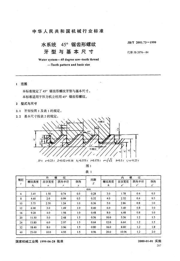 JB/T 2001.73-1999 水系统 45°锯齿形螺纹 牙型与基本尺寸