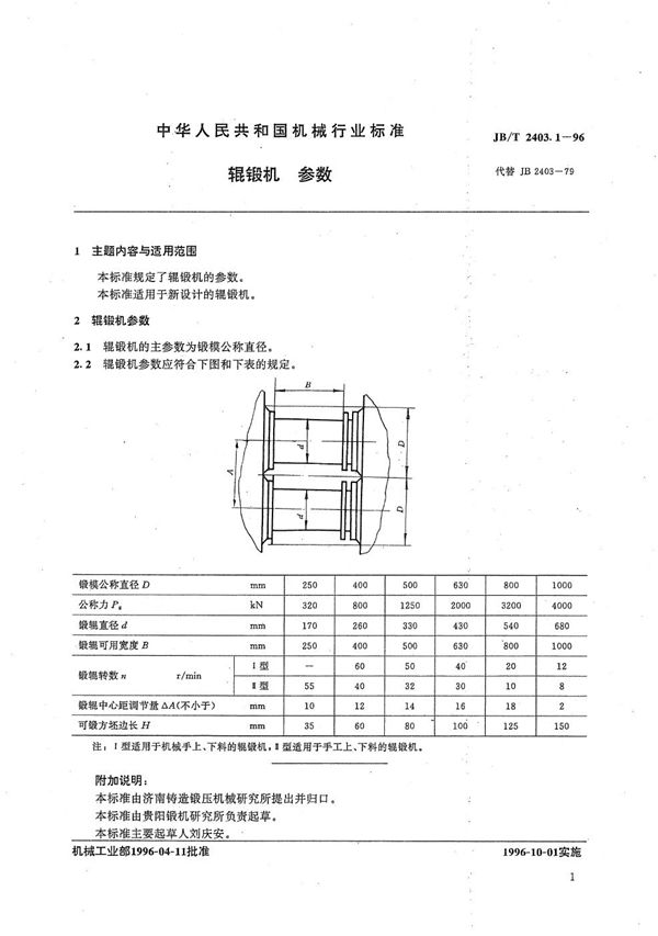 JB/T 2403.1-1996 辊锻机 参数