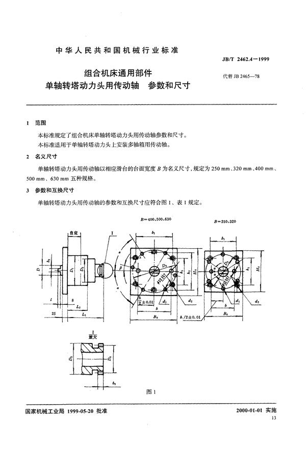 JB/T 2462.4-1999 组合机床通用部件  单轴转塔动力头用传动轴  参数和尺寸