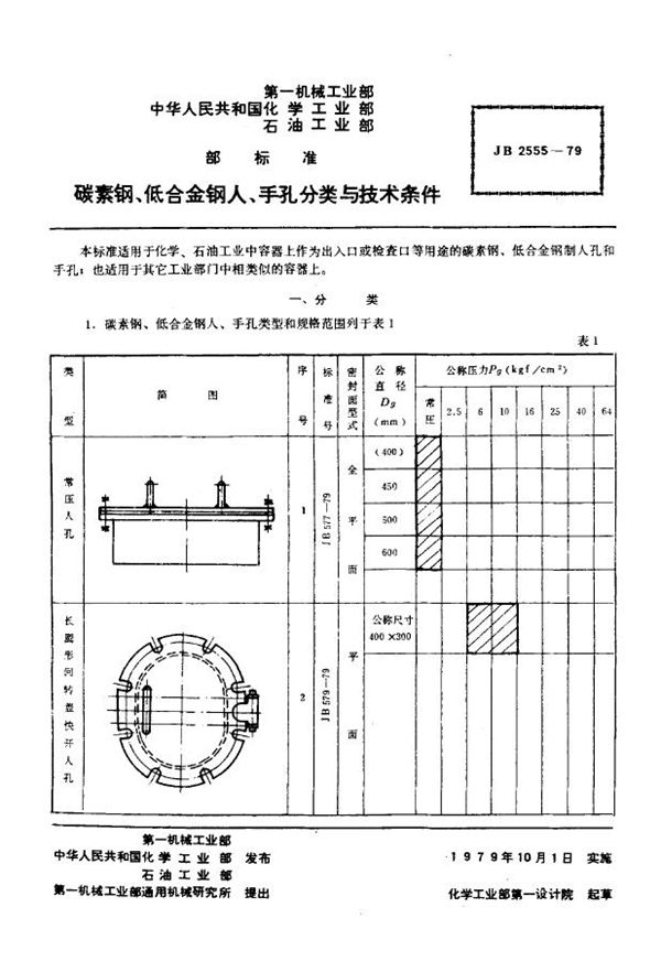 JB/T 2555-1979 碳素钢、低合金钢人、手孔分类与技术条件