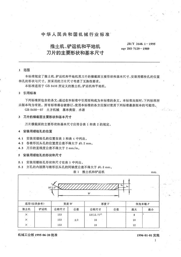 JB/T 2648.1-1995 推土机、铲运机和平地机 刀片的主要形状和基本尺寸