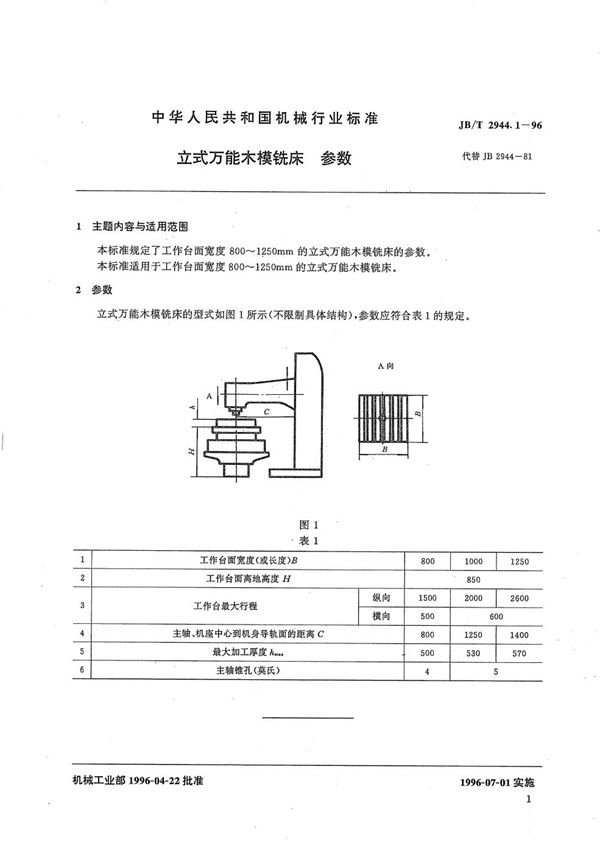 JB/T 2944.1-1996 立式万能木模铣床 参数