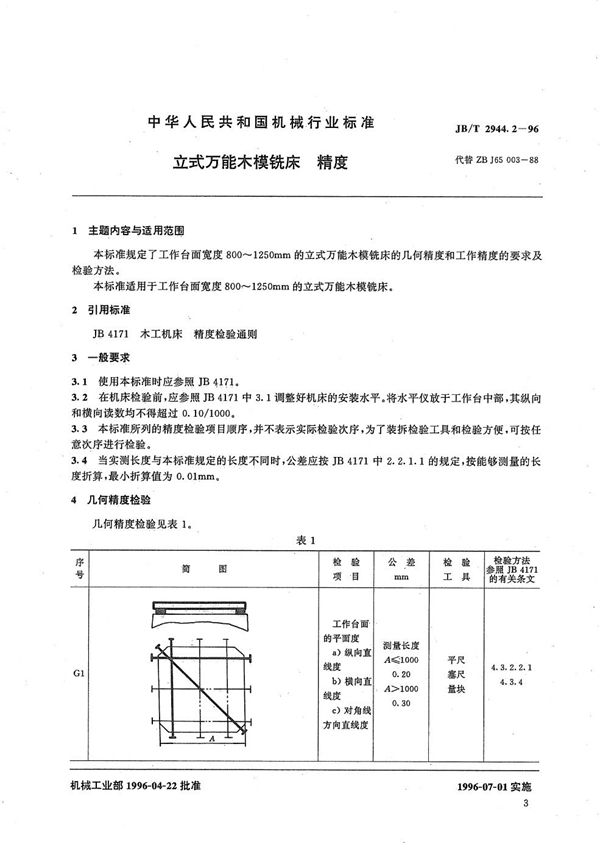 JB/T 2944.2-1996 立式万能木模铣床 精度