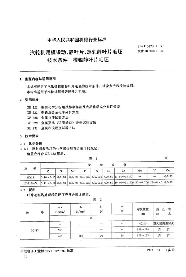 JB/T 3073.1-1991 汽轮机用模锻动、静叶片、热轧静叶片毛坯技术条件 模锻静叶片毛坯