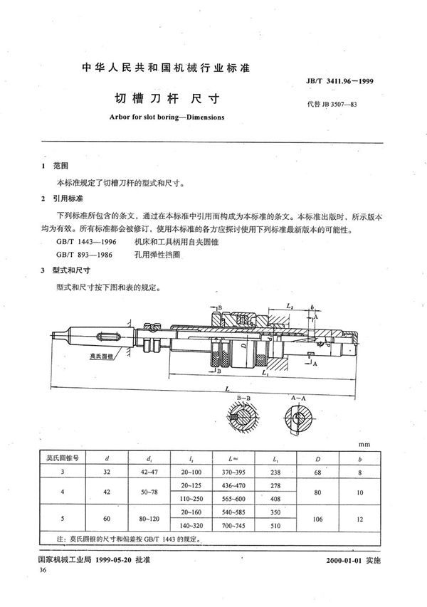 JB/T 3411.96-1999 切槽刀杆 尺寸