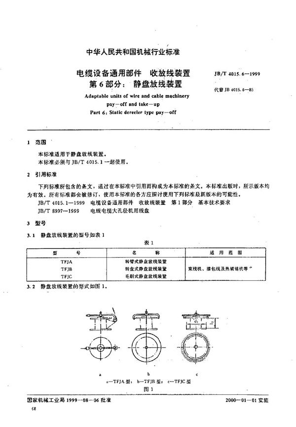 JB/T 4015.6-1999 电缆设备通用部件  收放线装置  第6部分：静盘放线装置