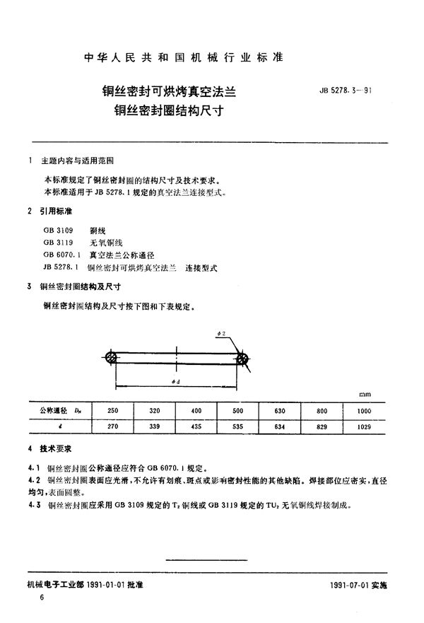 JB/T 5278.3-1991 铜丝密封可烘烤真空法兰 铜丝密封圈结构尺寸