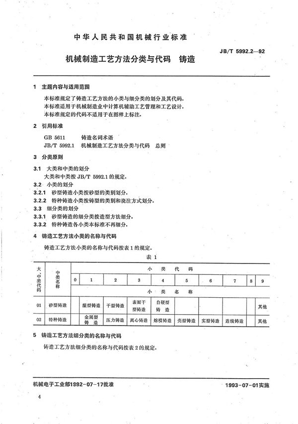 JB/T 5992.2-1992 机械制造工艺方法分类与代码 铸造