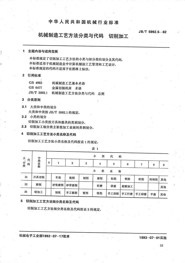 JB/T 5992.5-1992 机械制造工艺方法分类与代码 切削加工