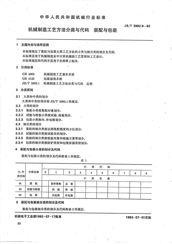 JB/T 5992.9-1992 机械制造工艺方法分类与代码 装配与包装