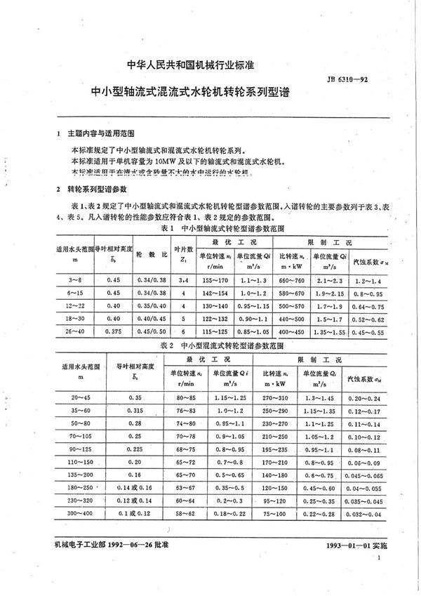 JB/T 6310-1992 中小型轴流式混流式水轮机转轮系列型谱