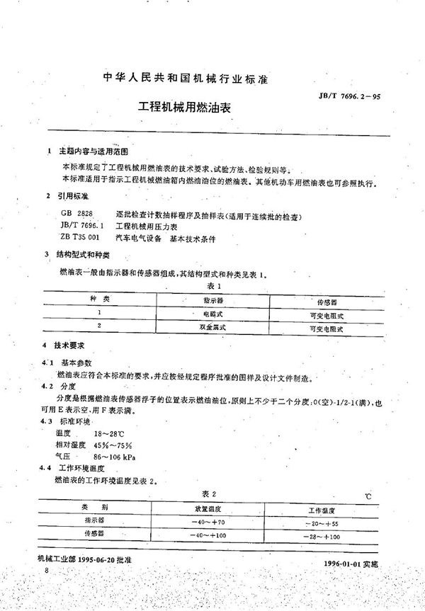 JB/T 7696.2-1995 工程机械用燃油表